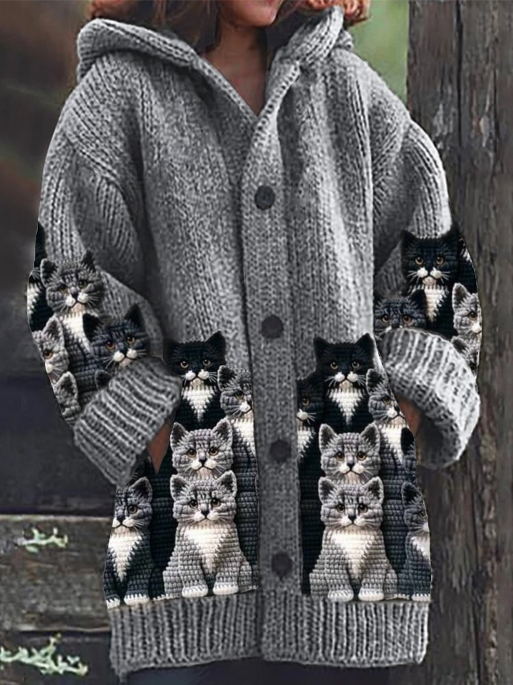Stilla | Komfortabel Strikket Katteprint Cardigan