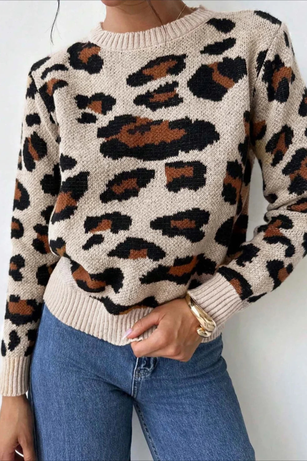 Stilla | Pullover med rund hals og leopardmønster i blokfarver
