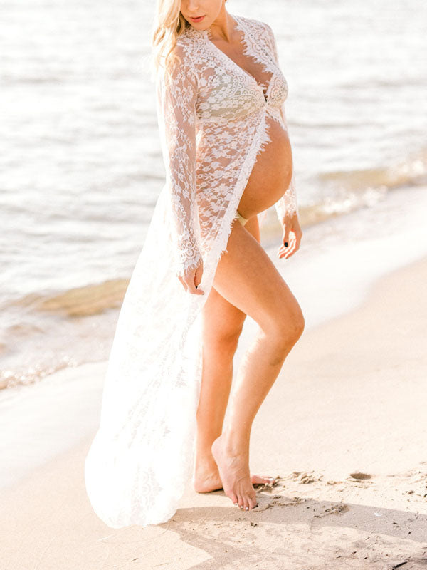 Stilla | Maxi Kjole Split Transparent Blonde Langærmet Elegante Kjole Til Graviditetsfotografi