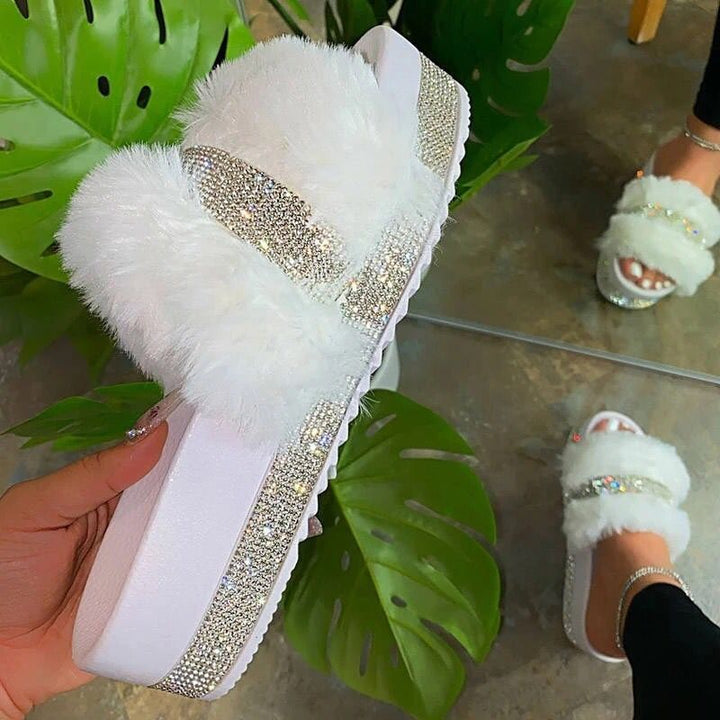 Dame nan fluffy plateau pantoletten med kunstpels og strass dekoration Skovae