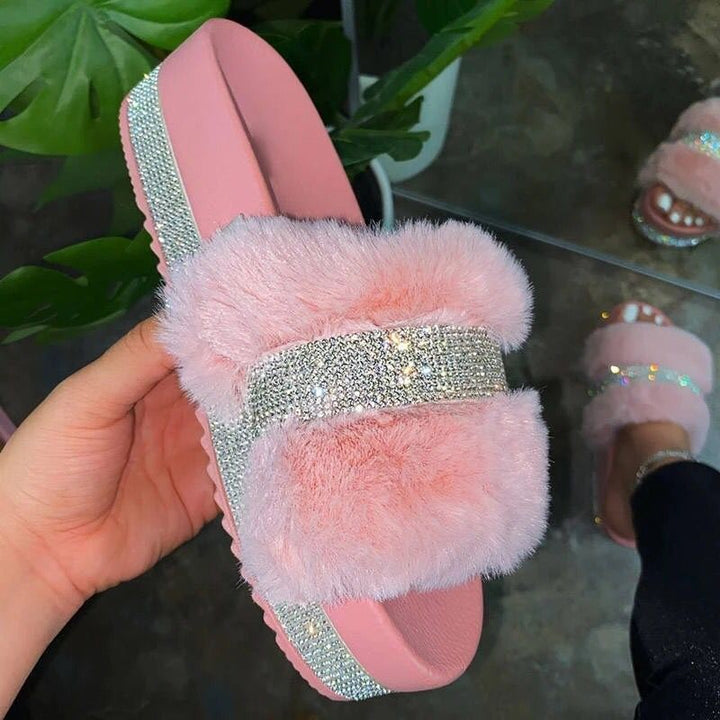 Dame nan fluffy plateau pantoletten med kunstpels og strass dekoration Skovae