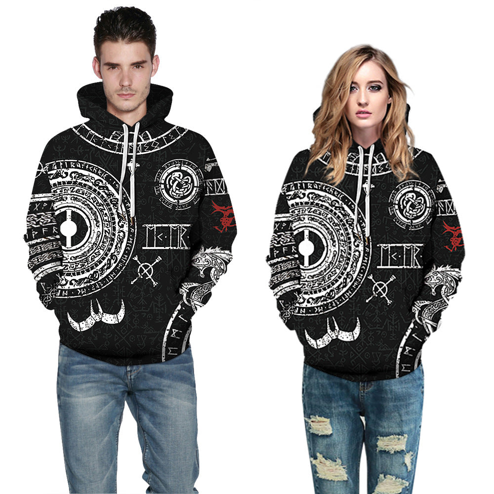 Dame hætte sweatshirt med unik ulve grafik og detaljerede symboler Stilla