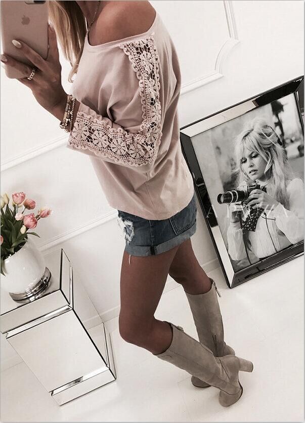 Kvinders off-shoulder top med blonderekoration og løs pasform Stilla