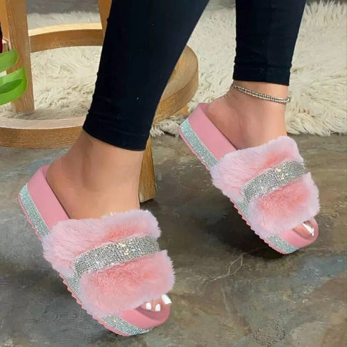 Dame nan fluffy plateau pantoletten med kunstpels og strass dekoration Skovae