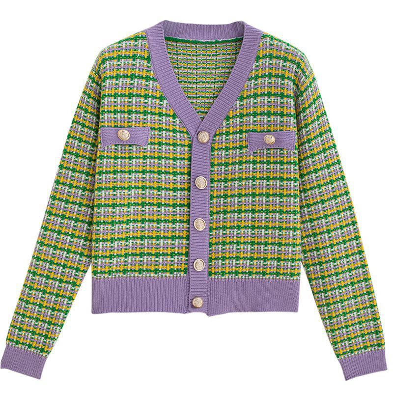 Kvindernes fashionable cardigan med trendy ternet mønster og shiny knapper Stilla