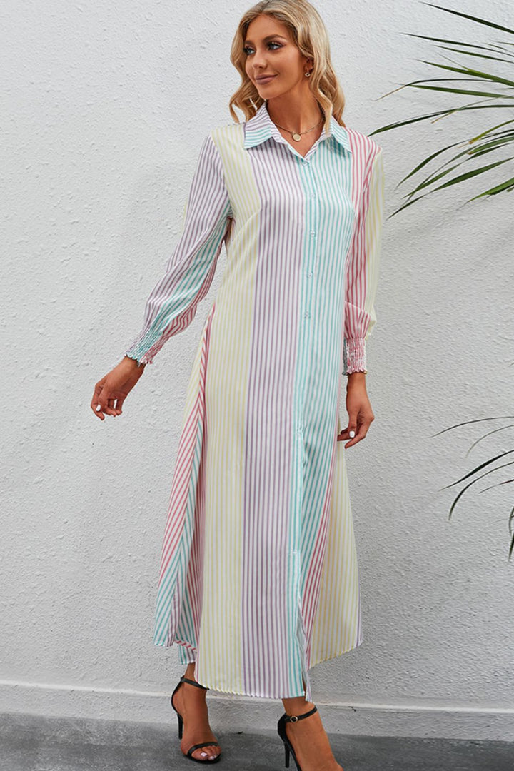 Stilla | Stripe Knap-op Maxi Skjorte Kjole