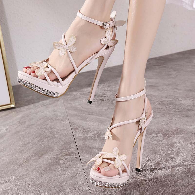 Dame High Heel Sandaler med dekorative sommerfugleapplikationer og funklende hæl Stilla