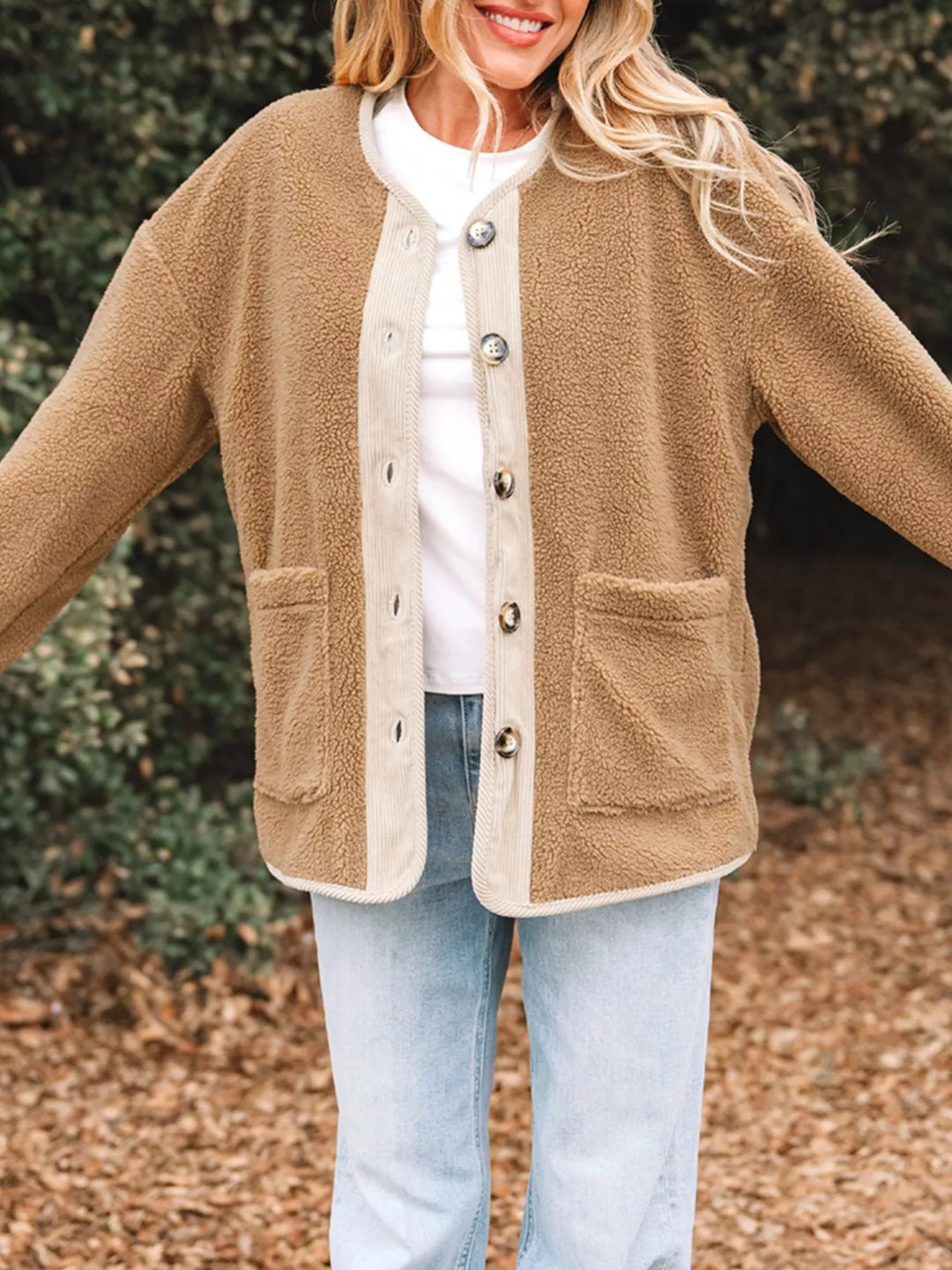 Stilla | Dame Button-Front Sherpa Teddy Jakke