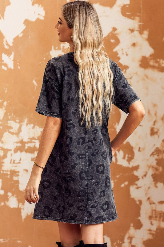 Stilla | Vasket Leopard T-shirt Kjole Med Lommer