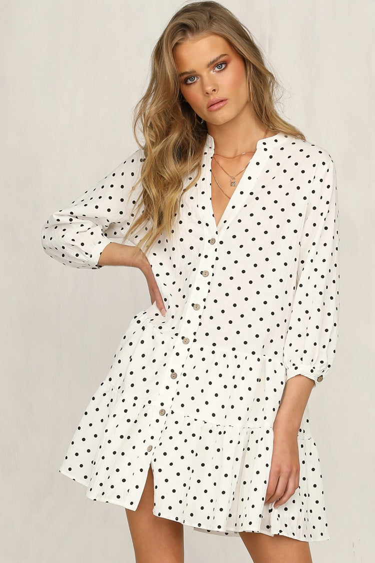 Dame Polka Dot Skjorte Kjole med Rüschen Kante Stilla