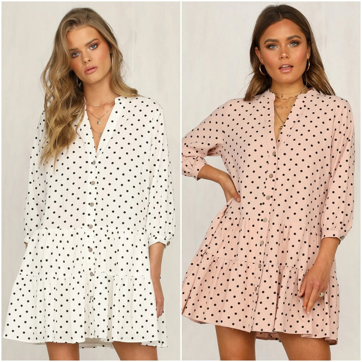 Dame Polka Dot Skjorte Kjole med Rüschen Kante Stilla