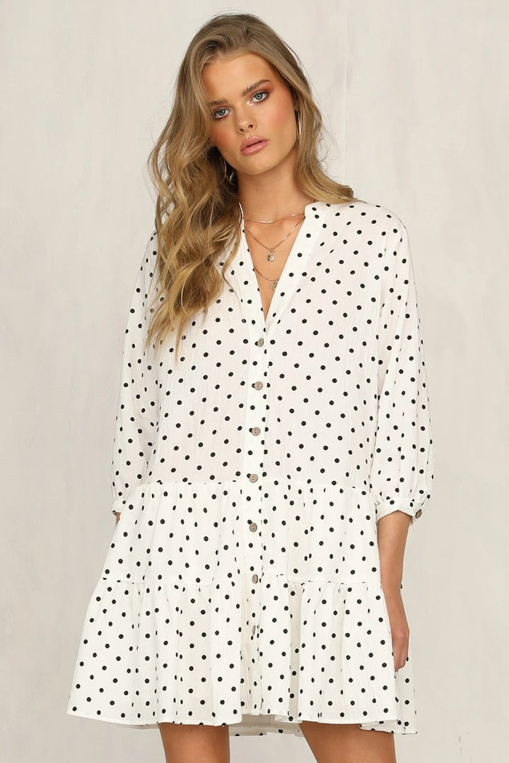 Dame Polka Dot Skjorte Kjole med Rüschen Kante Stilla