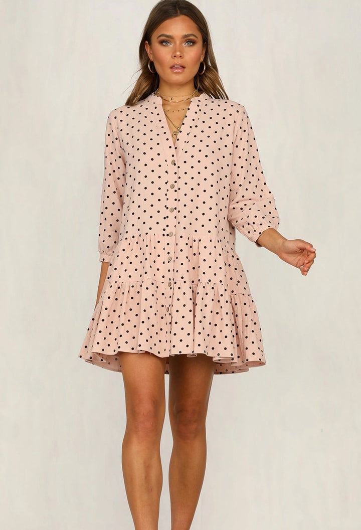 Dame Polka Dot Skjorte Kjole med Rüschen Kante Stilla