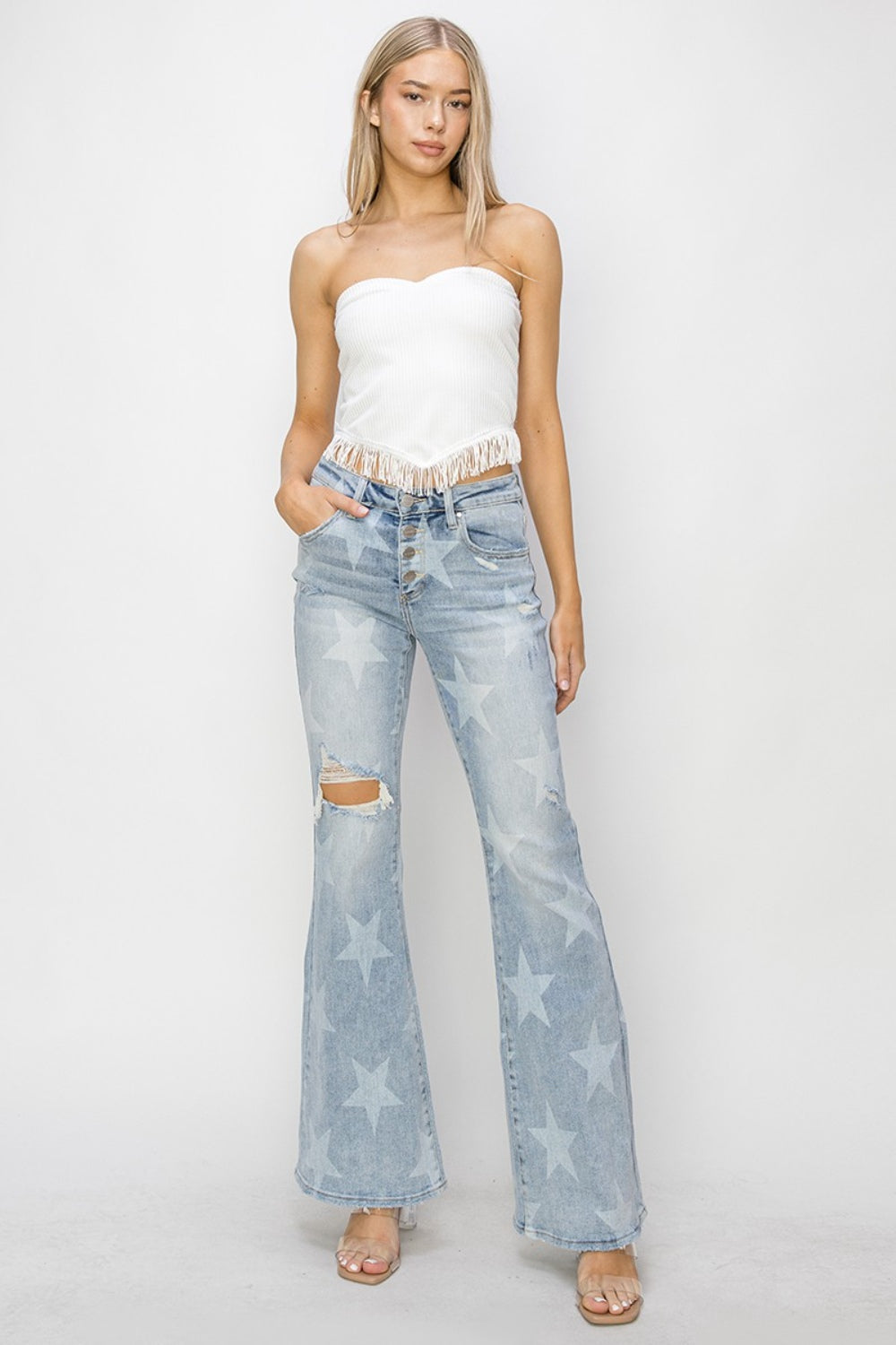 Stilla | Medium Høj Knap Lukning Start Print Flare Jeans
