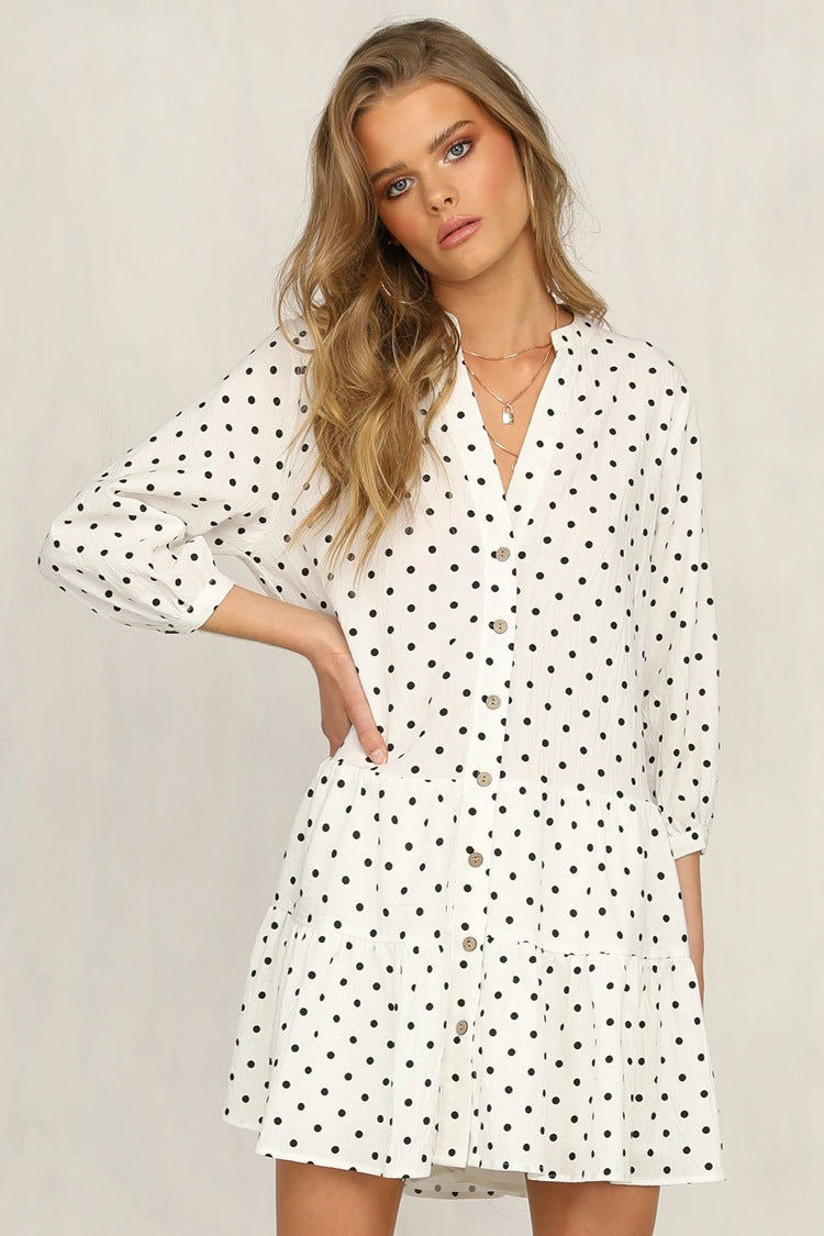 Dame Polka Dot Skjorte Kjole med Rüschen Kante Stilla