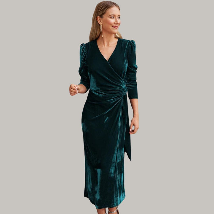 Stilla | Lang Midi Kjole Wrap-Type af Velours med Puffærmer