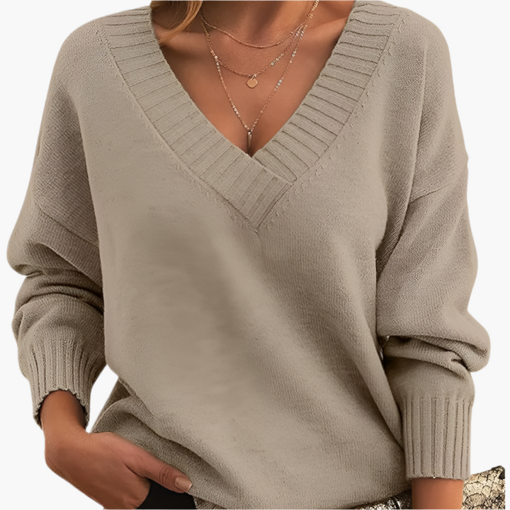 Stilla | V-Udskæring Sweatshirt - Elegant Strikpullover I Oversize-Stil til Hverdag & Kontor