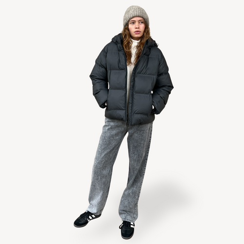 Stilla | Damer Sort Hætte Puffy Jakke Vinter Polyester Jakke