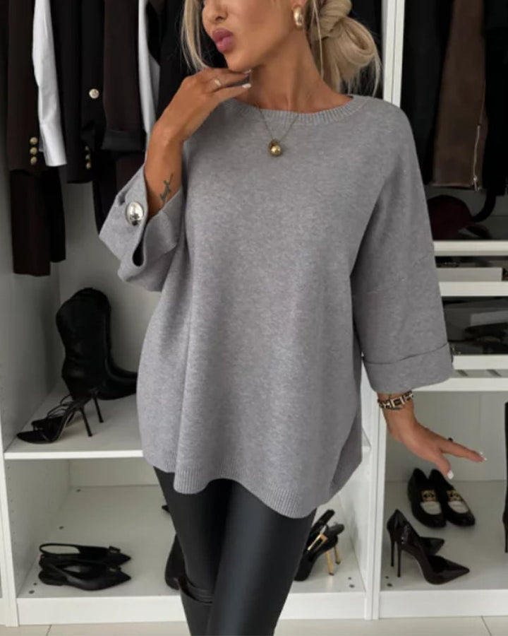 Stilla | Pullover med rund halsudskæring og knapliste i ensfarvet