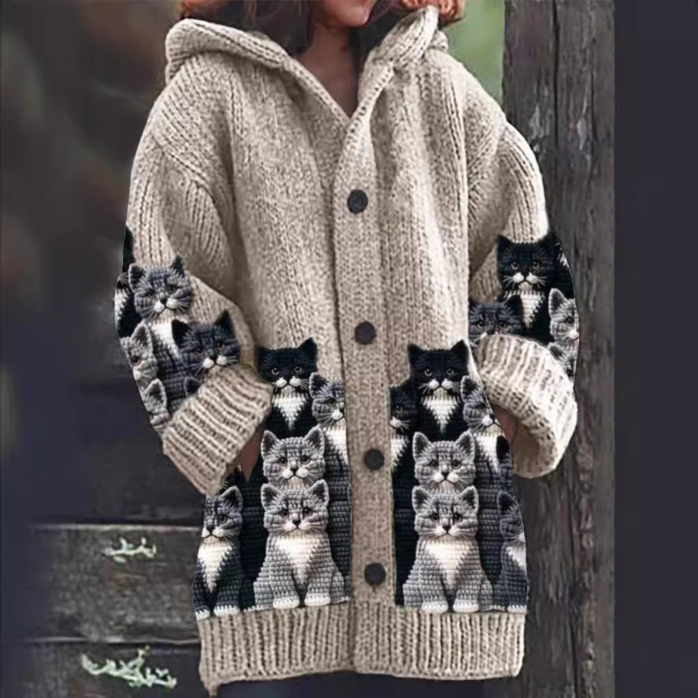 Stilla | Komfortabel Strikket Katteprint Cardigan