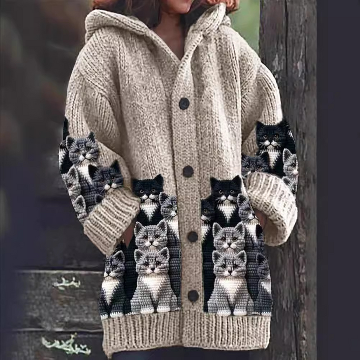 Stilla | Komfortabel Strikket Katteprint Cardigan