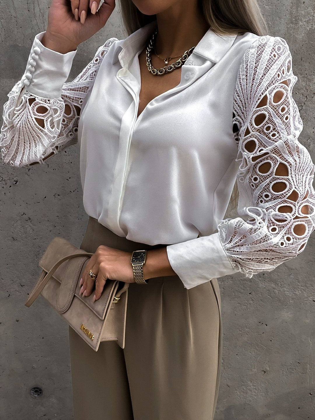Stilla | Lace Sleeve Bøj Ned Krave Skjorte Bluse Top