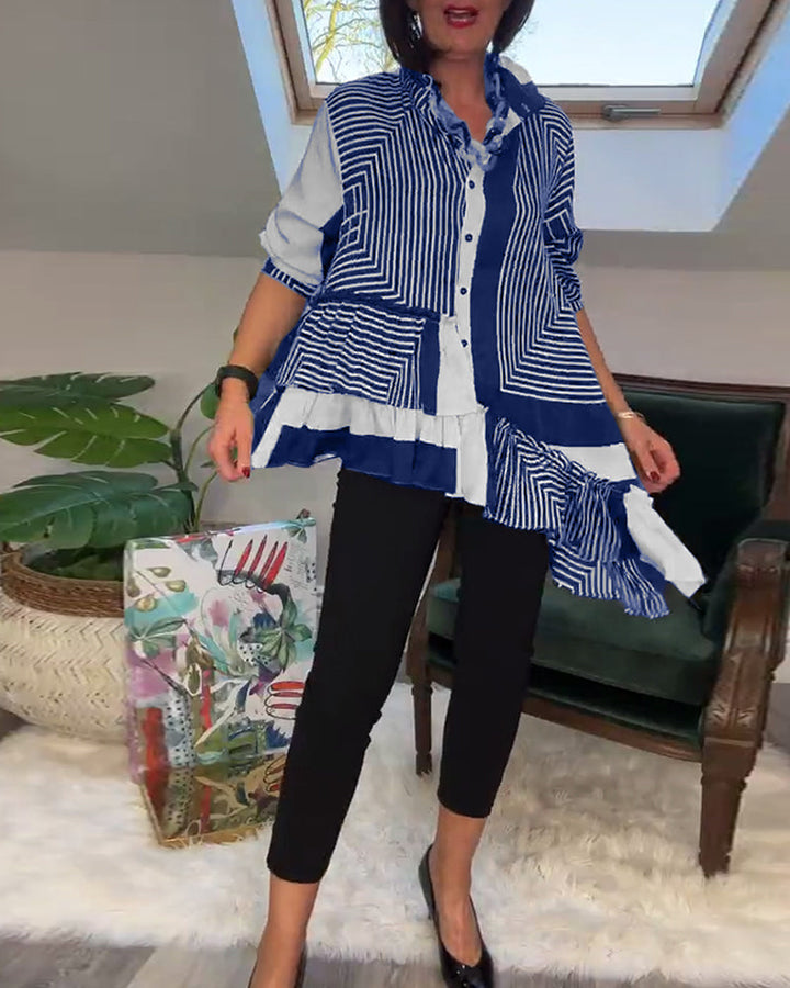 Stilla | Trykt Skjorte med Uregelmæssig Patchwork og Knapper