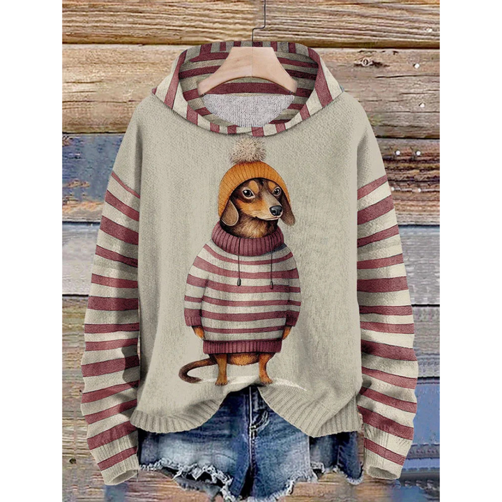 Stilla | Dame Relaxed Fit Fleece Følelse Hund Tryk Stribede Ærmer