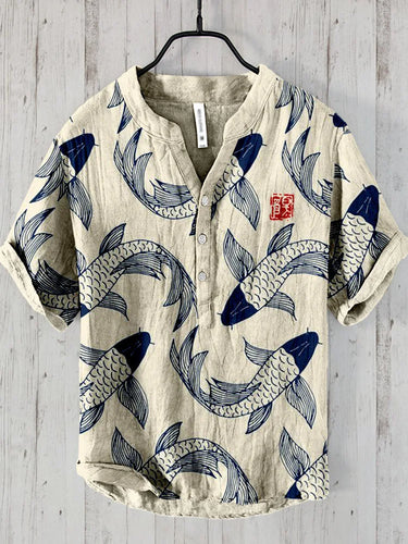 Stilla | Vintage Fisk Skjorte i Japansk Kunst i Hørblanding