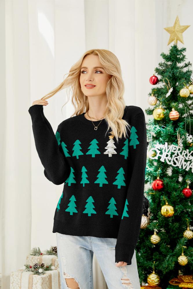 Stilla | Funklende Paillet Juletræ Strikpullover