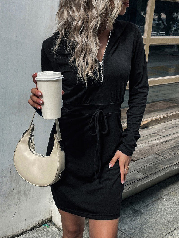 Stilla | Langærmet Lynlås Hættekjole Med Snoretræk