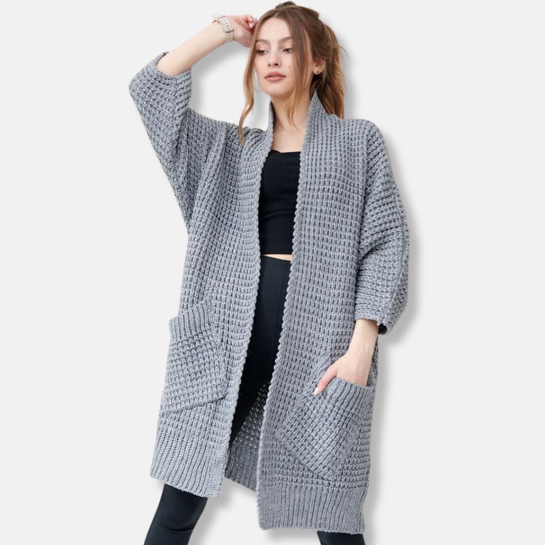 Stilla | Frakke i Strik Oversized Fit Åben Front Mønster Lommer Ribbet Kanter