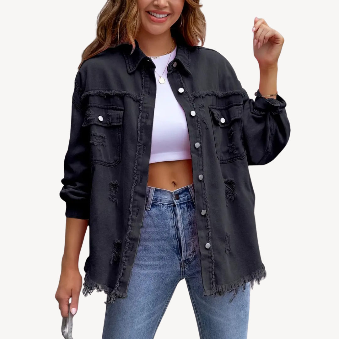 Stilla | Sorte Distressed Denim Button-Up Jakke