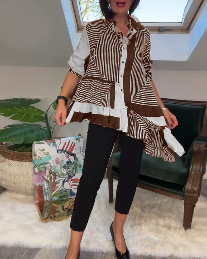 Stilla | Trykt Skjorte med Uregelmæssig Patchwork og Knapper