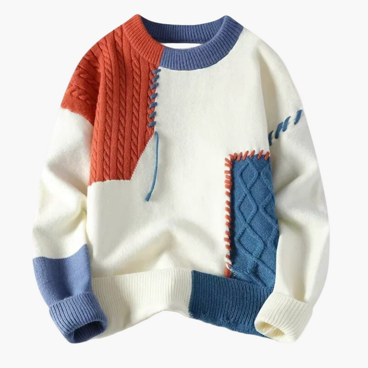 Stilla | Patchwork Strikpullover I Moderne Design - Perfekt til Efterår og Vinter