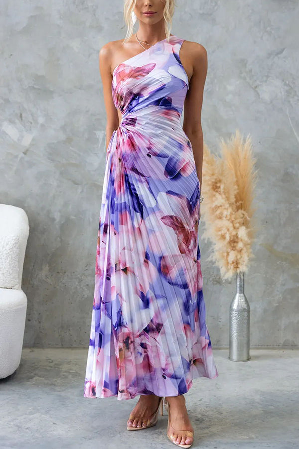 Stilla | Langt One Shoulder Kjole Med Blomsterprint Justerbar Bånd Og Raffineret Cut Out Ideel Til Festlige Anledninger
