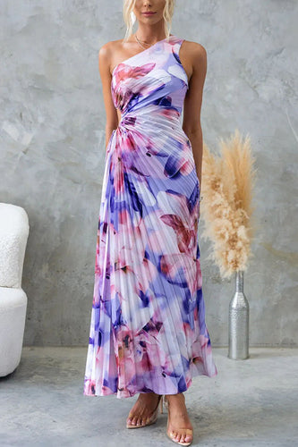 Stilla | Langt One Shoulder Kjole Med Blomsterprint Justerbar Bånd Og Raffineret Cut Out Ideel Til Festlige Anledninger