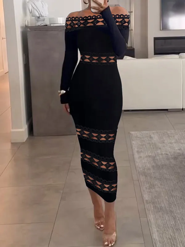 Stilla | Tætsiddende Midi Kjole Med Lange Ærmer, Cut Out Detaljer Og Off Shoulder Design for Et Elegant Look