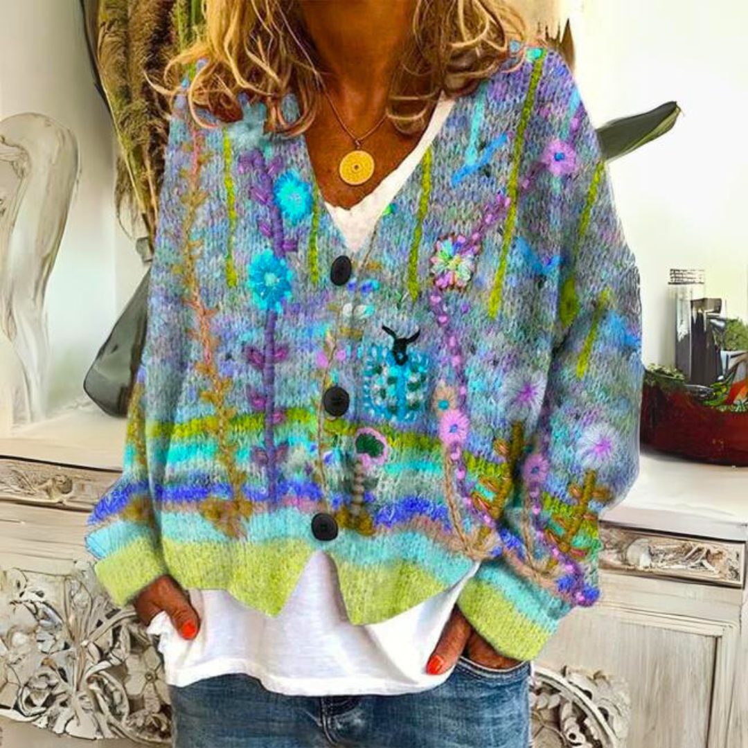 Stilla | Strikjakke I Boho-Stil med Florale Accenter - Behagelig, Modisk Cardigan til Fritid Og Hverdag