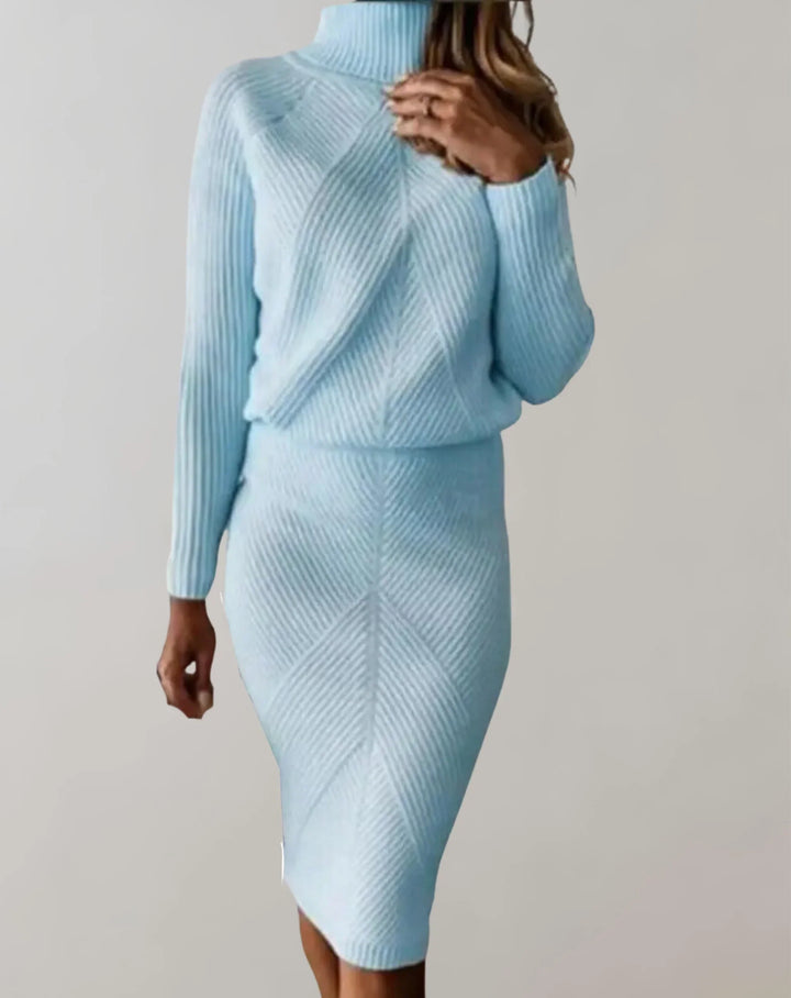 Stilla | Sæt Ribbet To-delt Slim Fit Rullekrave Sweater og Midi Nederdel