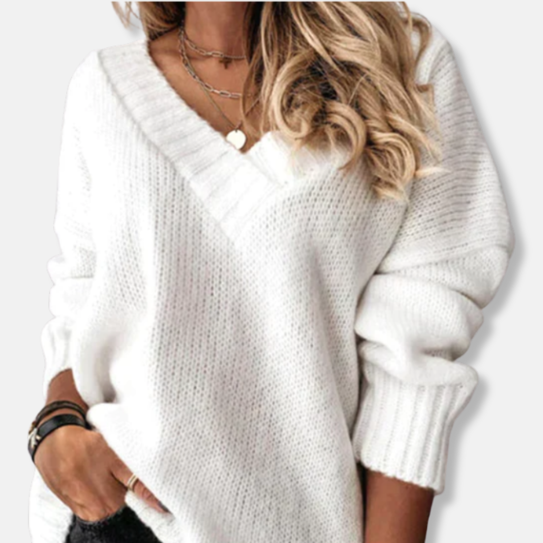 Stilla | Uld V-hals Pullover Løs Pasform Ribdetaljer Pullover