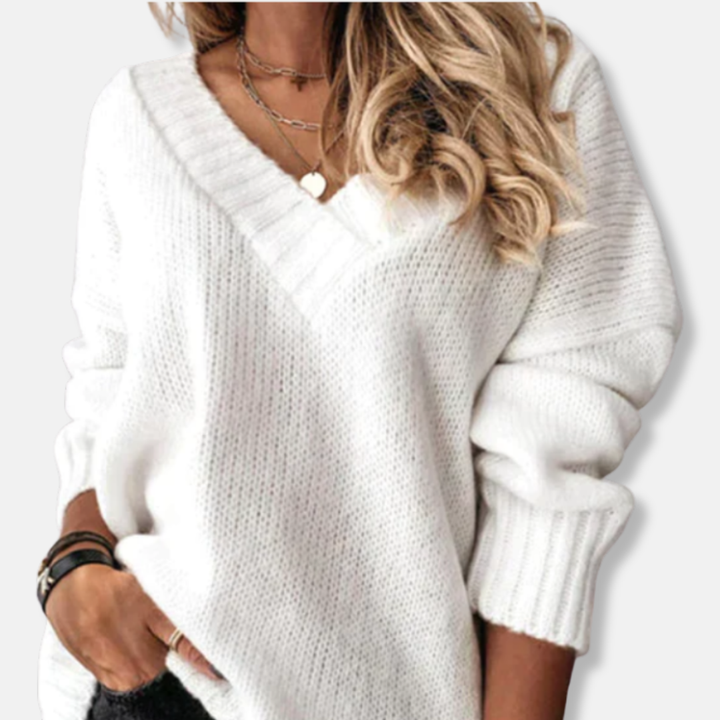 Stilla | Uld V-hals Pullover Løs Pasform Ribdetaljer Pullover
