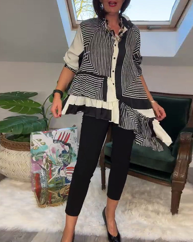 Stilla | Trykt Skjorte med Uregelmæssig Patchwork og Knapper