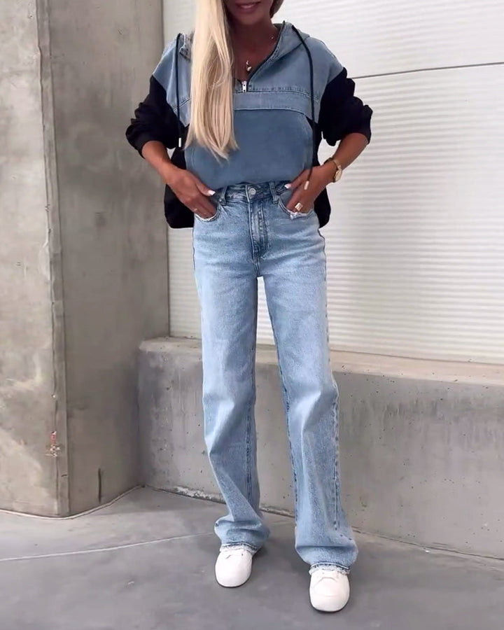 Stilla | Hætte trøje med lynlås og patchwork mønster i denim