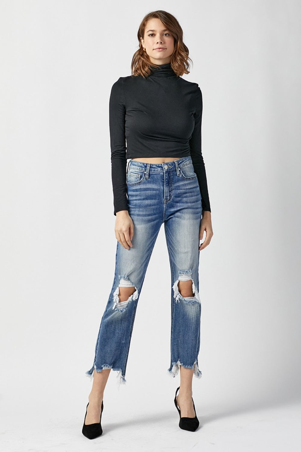 Stilla | Høj Talje Distressed Flosset Kant Beskåret Lige Jeans