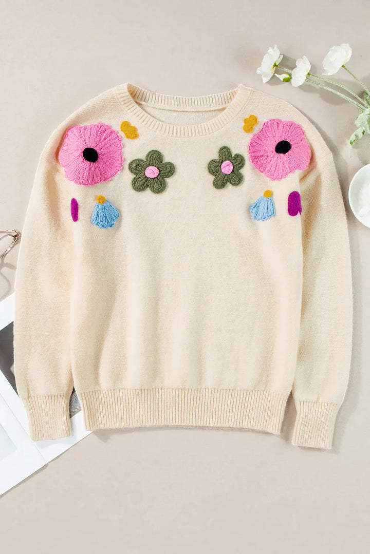 Stilla | Oversized Pullover med Lange Ærmer og Rund, Floral Hæklet Udsnit