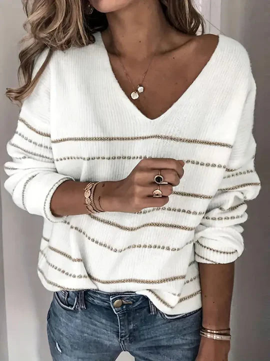 Stilla | V-hals sweater med stribet mønster