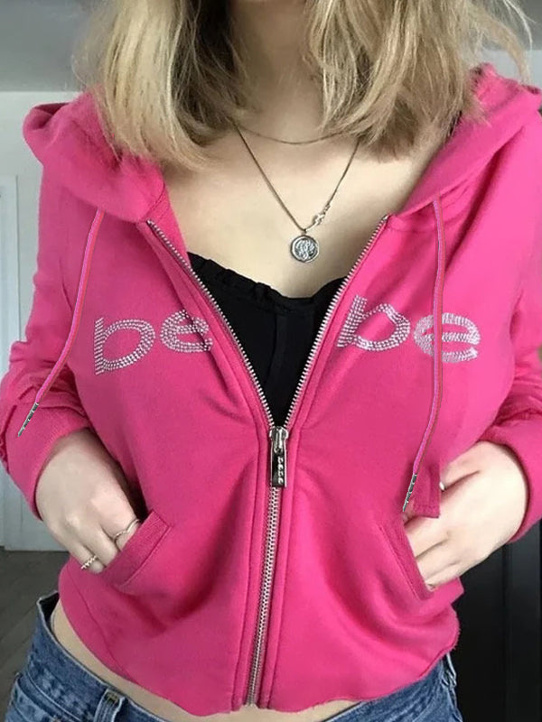 Stilla | Barbie Rosa Bogstaver Rhinestone Tryk Hoodie med Lynlås