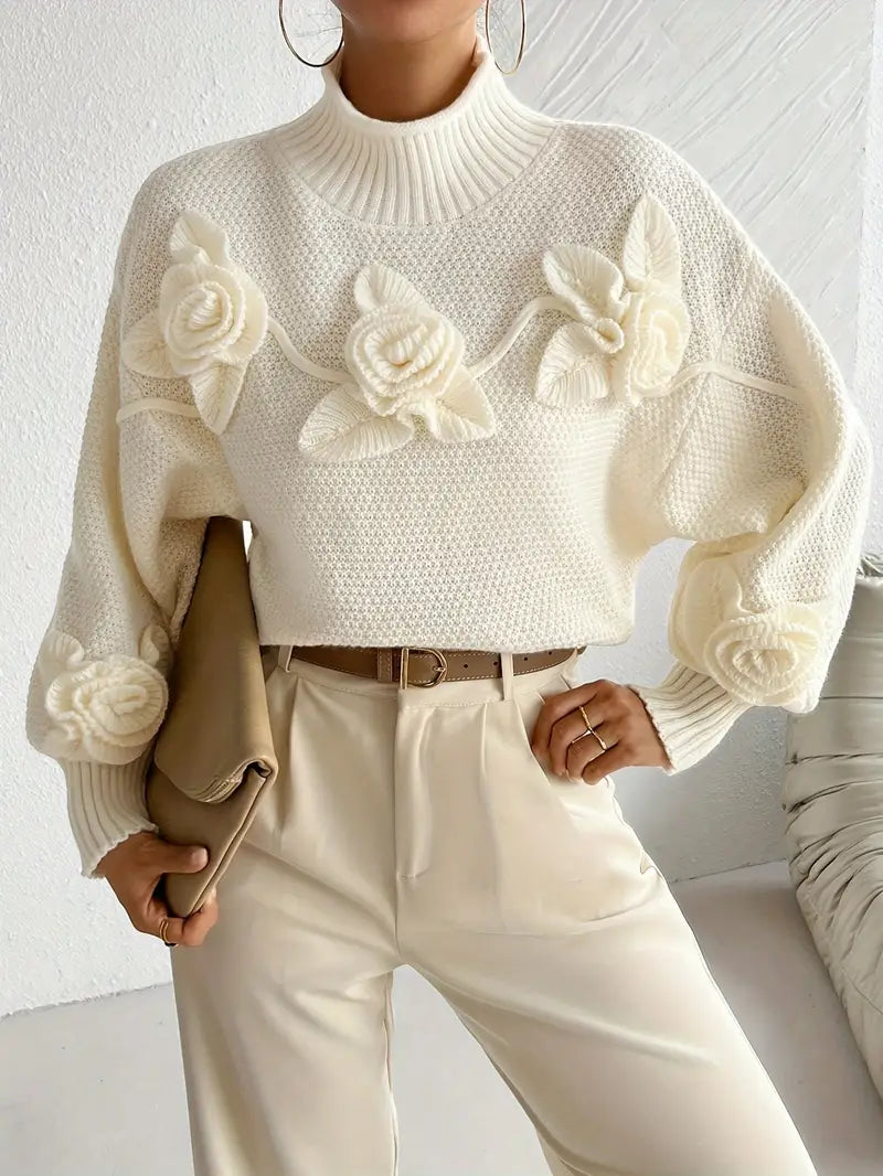 Stilla | Rullekrave strikbluse med blomster