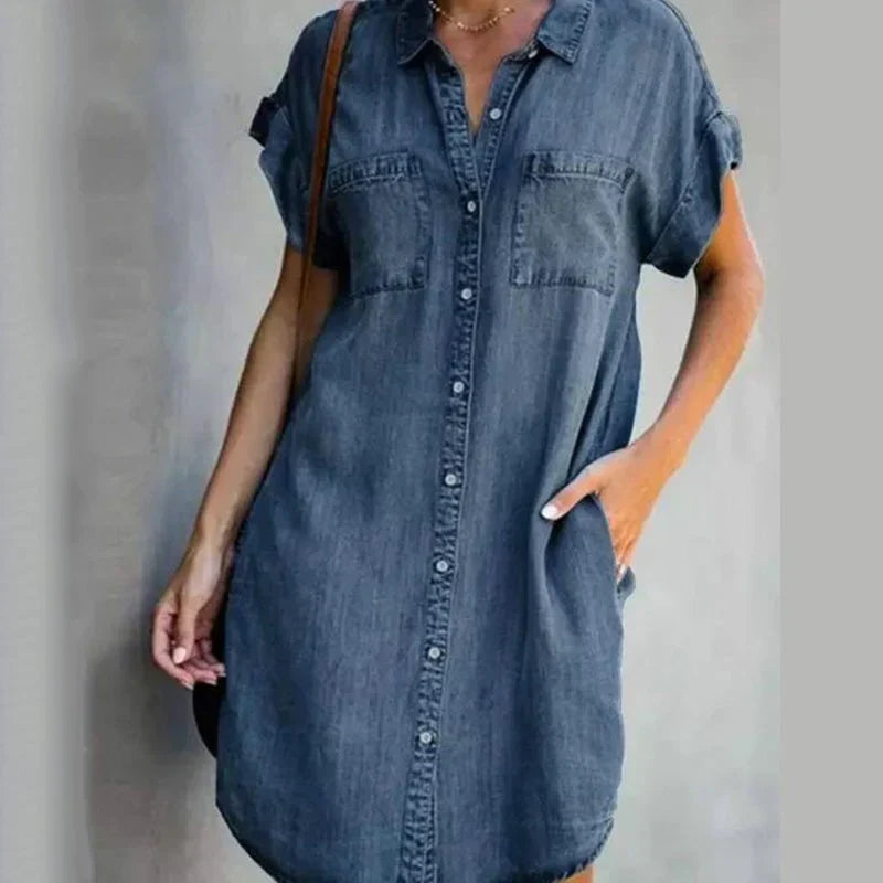 Stilla | Lækker Denim Kjole Med Korte Ærmer